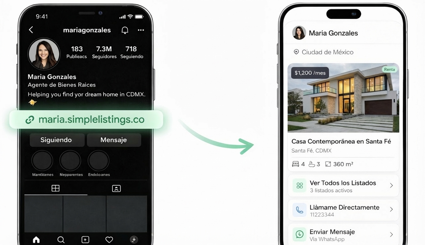 Perfil de Instagram enlazando al catálogo de propiedades